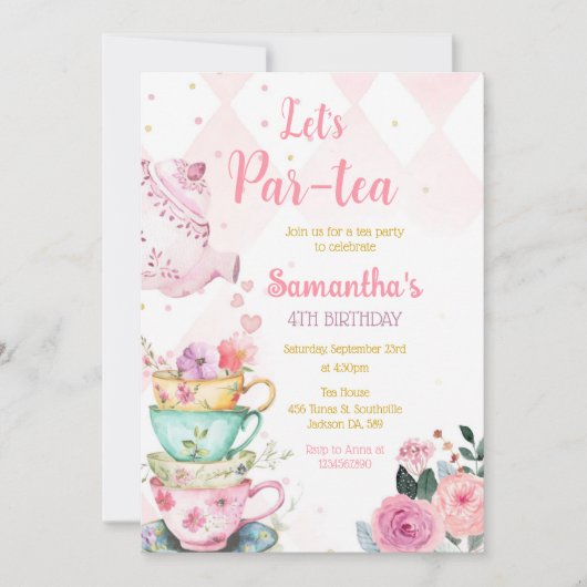 Tea Party Birthday Invitation Kaart (Voorkant)