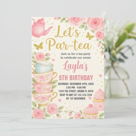 Tea Party Birthday Invitation Kaart (Staand voorkant)