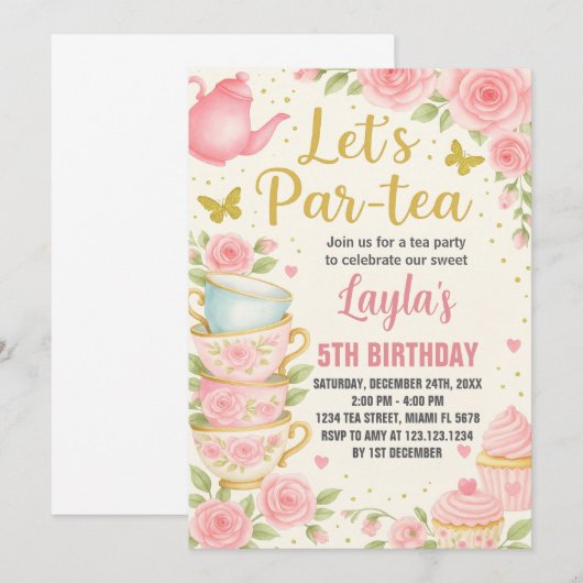 Tea Party Birthday Invitation Kaart (Voorkant / Achterkant)