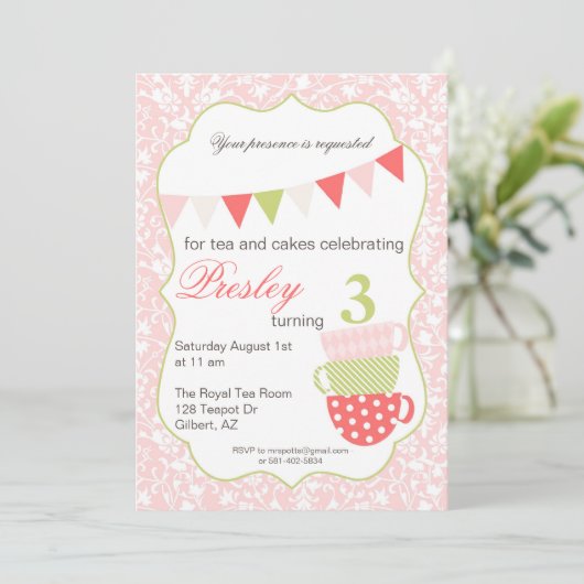 Tea Party Birthday Invitation Kaart (Staand voorkant)