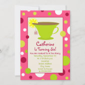 Tea Party Birthday Invitation - roze en groen Kaart (Voorkant)