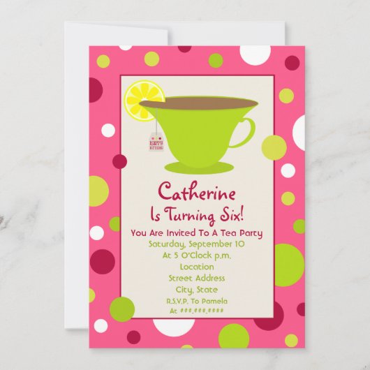 Tea Party Birthday Invitation - roze en groen Kaart (Voorkant)