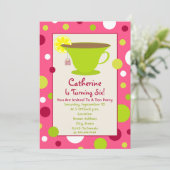 Tea Party Birthday Invitation - roze en groen Kaart (Staand voorkant)