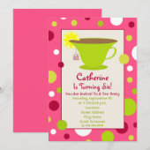 Tea Party Birthday Invitation - roze en groen Kaart (Voorkant / Achterkant)