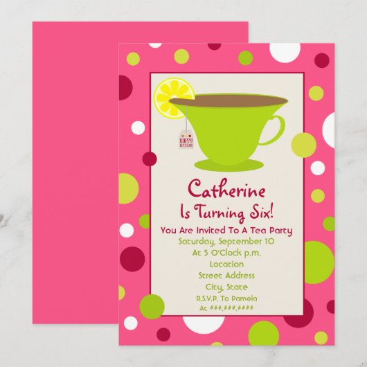 Tea Party Birthday Invitation - roze en groen Kaart (Voorkant / Achterkant)