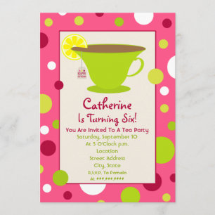 Tea Party Birthday Invitation - roze en groen Kaart