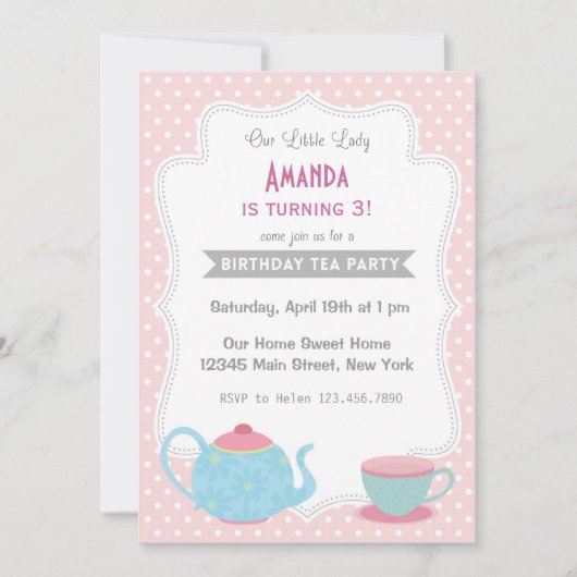 Tea Party Birthday Invitation Sweet Pink Kaart (Voorkant)