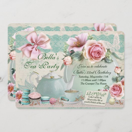 Tea Party Birthday Invitations Kaart (Voorkant / Achterkant)
