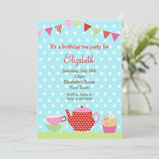 Tea Party Birthday Invitations Kaart (Staand voorkant)