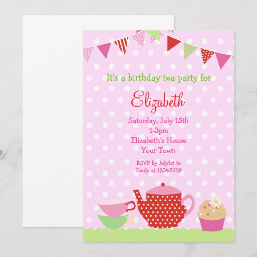 Tea Party Birthday Invitations Kaart (Voorkant / Achterkant)