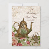 Tea Party Birthday Invite, Trellis Roos  Kaart (Achterkant)