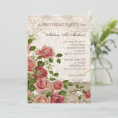 Tea Party Birthday Invite, Trellis Roos  Kaart (Staand voorkant)
