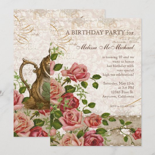 Tea Party Birthday Invite, Trellis Roos  Kaart (Voorkant / Achterkant)