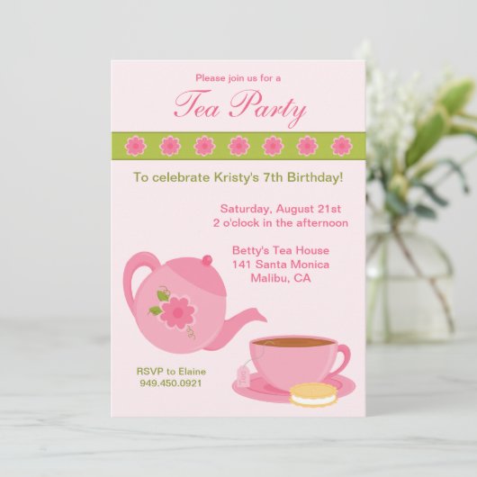 Tea Party Birthday Party Invitation Kaart (Staand voorkant)
