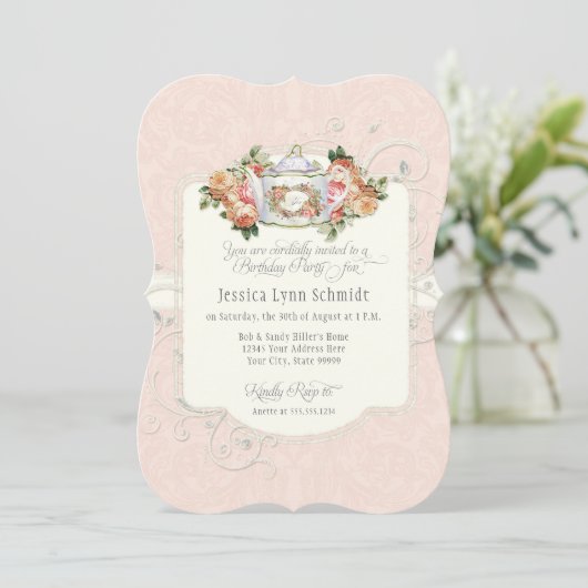 Tea Party Birthday Party Waterverf Elegant Rozen Kaart (Staand voorkant)