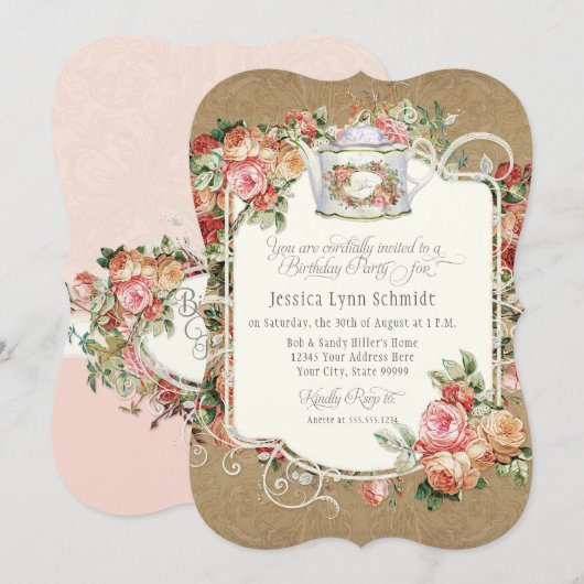 Tea Party Birthday Party Waterverf Gold Floral Kaart (Voorkant / Achterkant)