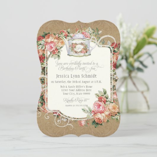 Tea Party Birthday Party Waterverf Gold Floral Kaart (Staand voorkant)