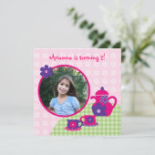 Tea Party Birthday Photo Invitation Kaart (Staand voorkant)