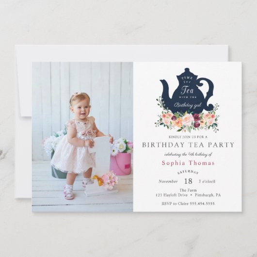 Tea Party Birthday Photo Invitation Kaart (Voorkant)