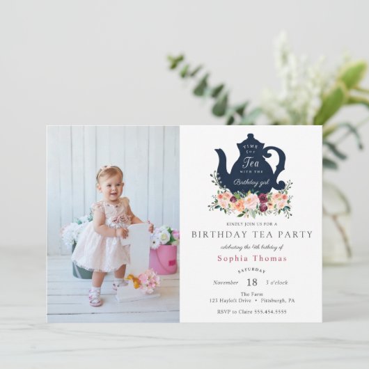 Tea Party Birthday Photo Invitation Kaart (Staand voorkant)