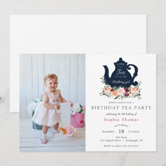 Tea Party Birthday Photo Invitation Kaart (Voorkant / Achterkant)