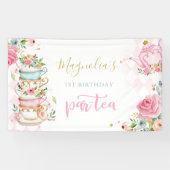 Tea Party Birthday Pink Floral Par-tea Welcome Spandoek (Horizontaal)