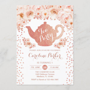 Tea Party Birthday - Roos Gold White Pink Floral Kaart