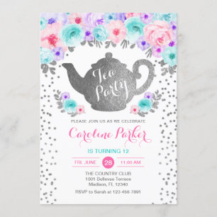 Tea Party Birthday - Silver Blauwgroen Roze Paars Kaart