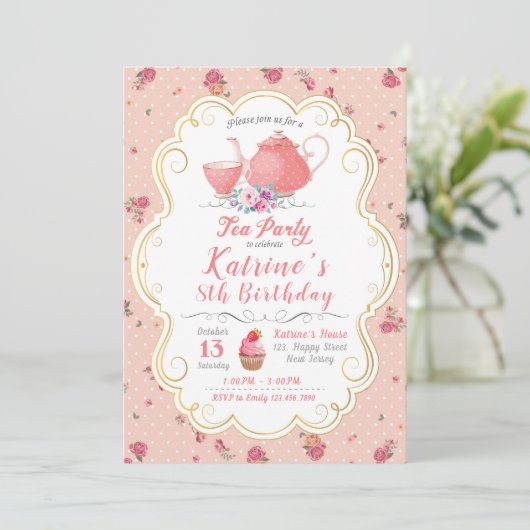 Tea Party Birthday. Tea Party Baby shower Kaart (Staand voorkant)