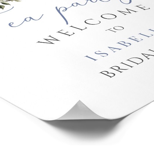 Tea Party Blauw Bloemen Waterverf Bruids Welkom Poster (Hoek)