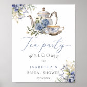 Tea Party Blauw Bloemen Waterverf Bruids Welkom Poster (Voorkant)