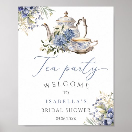 Tea Party Blauw Bloemen Waterverf Bruids Welkom Poster (Voorkant)