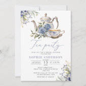 Tea Party Blauw Bloemen Waterverf Vrijgezellenfees Kaart (Voorkant)