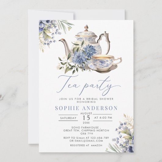 Tea Party Blauw Bloemen Waterverf Vrijgezellenfees Kaart (Voorkant)