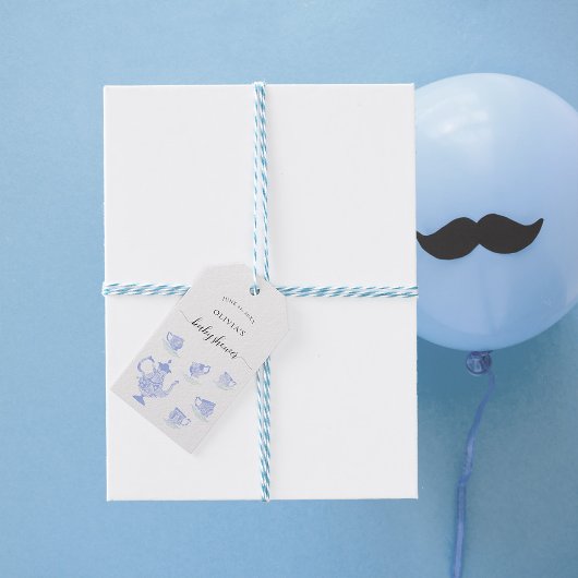 Tea Party Blauw China Wit Kant Jongen Baby shower Cadeaulabel