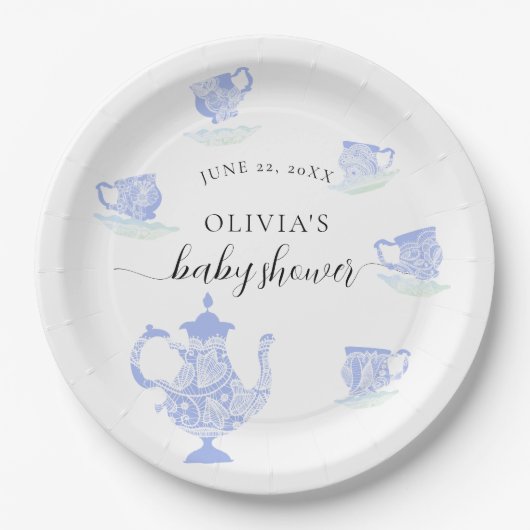 Tea Party Blauw China Wit Kant Jongen Baby shower Papieren Bordje (Voorkant)