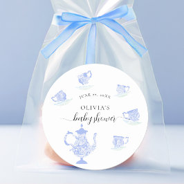 Tea Party Blauw China Wit Kant Jongen Baby shower Ronde Sticker