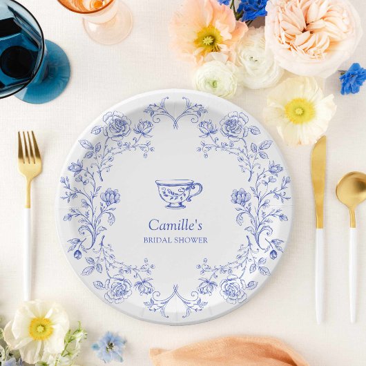 Tea Party Blauwe Bloemen Vrijgezellenfeest Papieren Bordje