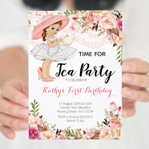 Tea Party Bloemen Roze Meisje Verjaardag Kaart