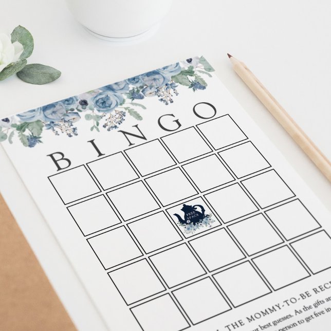 Tea Party Blue Floral Baby Bingo Game Card (Creator heeft geüpload)