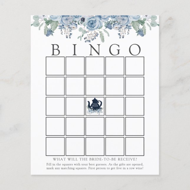 Tea Party Blue Floral Bridal Bingo Game Card (Voorkant)
