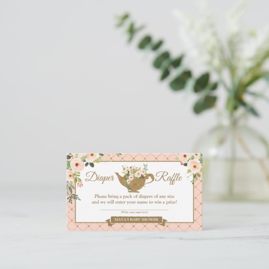 Tea Party Blush Floral Diaper Raffle Ticket Informatiekaartje (Staand voorkant)