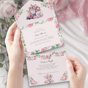 Tea Party Boeken Luier en Baby shower All In One Uitnodiging