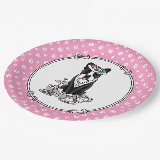 Tea Party Boston Terrier Dog (zwart) Cute Papieren Bordje (Gekanteld)