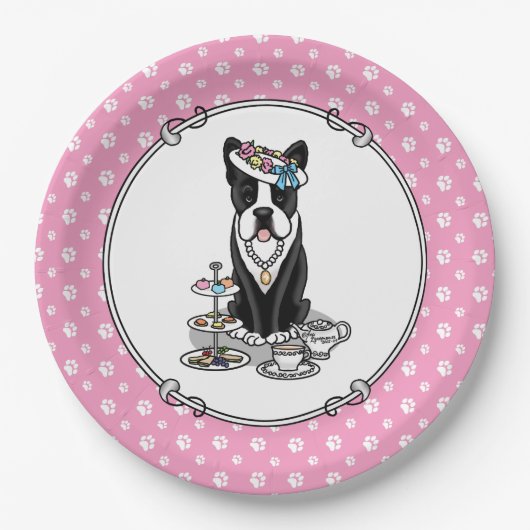 Tea Party Boston Terrier Dog (zwart) Cute Papieren Bordje (Voorkant)
