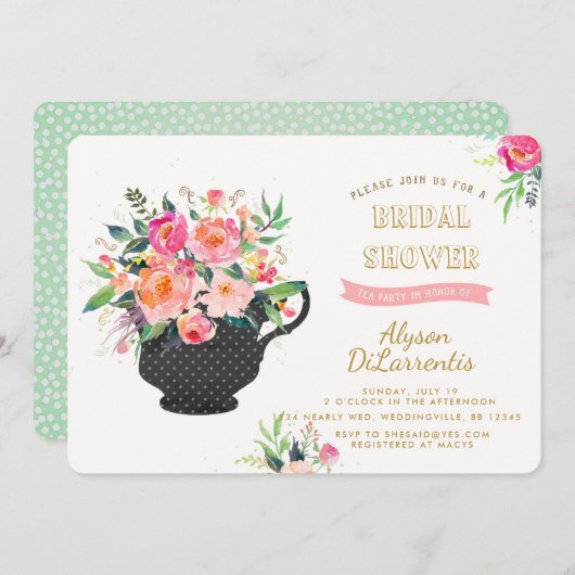 Tea Party Bridal Shower Invitation Kaart (Voorkant / Achterkant)