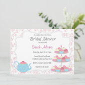 Tea Party Bridal Shower Invitation roze Floral Kaart (Staand voorkant)