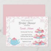 Tea Party Bridal Shower Invitation roze Floral Kaart (Voorkant / Achterkant)