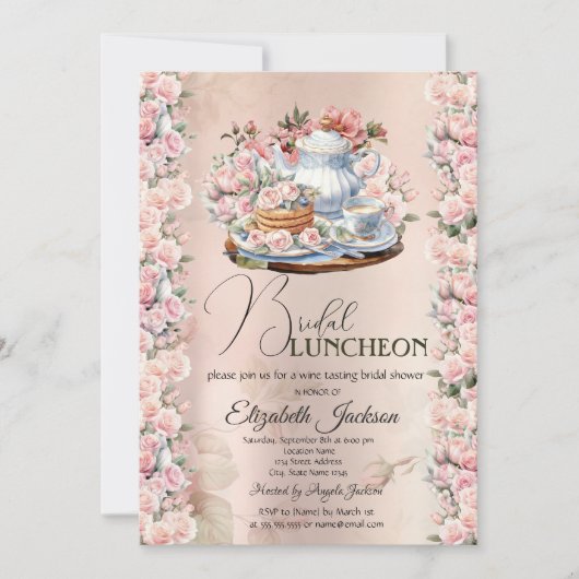 Tea Party Chique Rozen  bruids lunch Kaart (Voorkant)