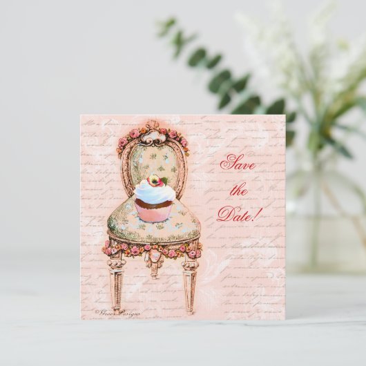 Tea Party Cupcake & Stoel Save The Date (Staand voorkant)